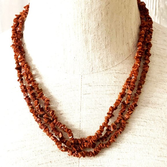 Vintage 3 Strand Goldstone Red Gemstone Chip Necklace - Picture 1 of 5